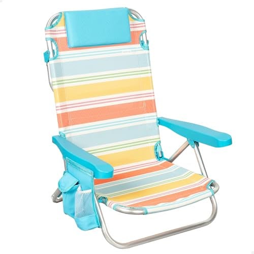 AKTIVE Silla Plegable de Playa, 48x47x74 cm, Reclinable en 5 Posiciones, De Aluminio y textileno a Rayas Multicolor, Bolsillo Trasero y Lateral, Asa Hombro para Transportar, Modelo Santorini (62420)