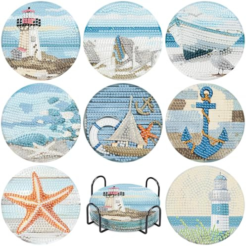 Miquans Art 8 Stück Strand Diamond Painting Untersetzer Mit Halter, Diamant Painting für Basteln Erwachsene, DIY Bottom Non-Slip Zubehör für Wohndekoration, Erwachsene