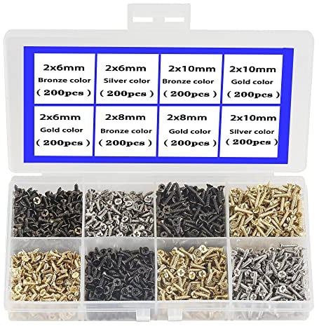 2MM Vite Piccola Testa Piatta Vite Autofilettante Porta Cerniera in Legno Raccordi, Vite per Accessori Elettronici Multifunzione FAI DA TE Mini Vite Set Oro Nero Argento 1600 PZ