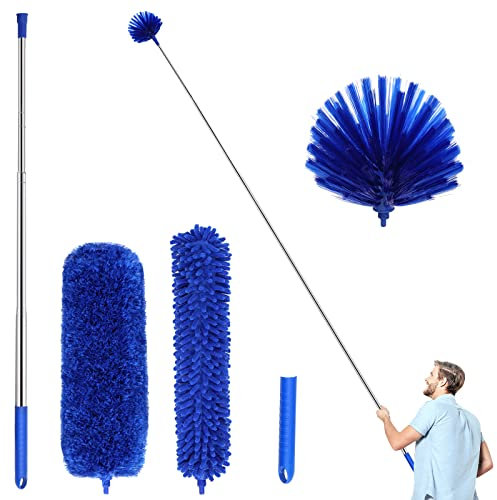 LAZYCOTTAGE Three-Piece Dust Collector, Handle, Thickened Telescopic Rod 15-110 Inches, Wet Cleaning And Dry Cleaning, Spider Web Brush Microfiber Vacuum Cleaner Ceiling Fan Vacuum Cleaner Exhaust Fan