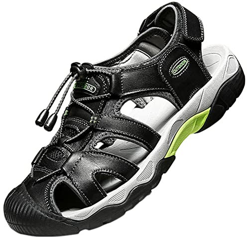 Topwolve Sandales de Marche Homme Cuir Bout Fermé - Nu Pied Randonnée Été Extérieur Chaussures de Plage Sport, Noir, 44 EU