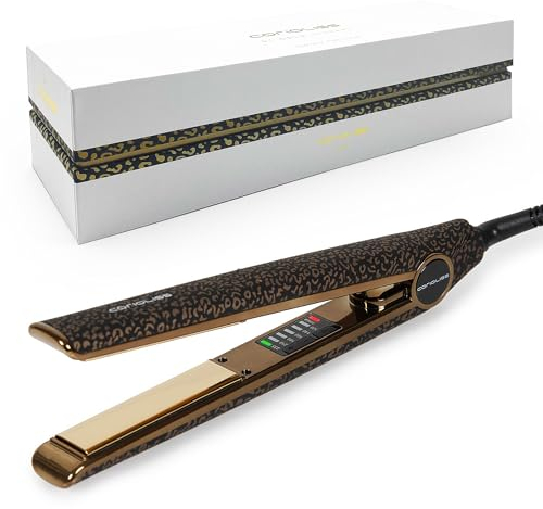 Corioliss C1 | Plancha del pelo Profesional | Placas de titanio | Alisado y Ondas | Temperatura ajustable 120º-235º | Calentamiento 20 seg | Con funda de Viaje | Leopard Gold