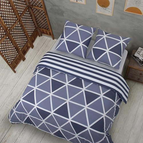 Vency Bettwäsche 200x200 3-Teilig Blau - Oeko-TEX 80% Baumwolle & 20% Polyester, 1x Bettbezug Reißverschluss + 2X Kissenbezug 80x80 Umschlagverschluss, Stripe Modell
