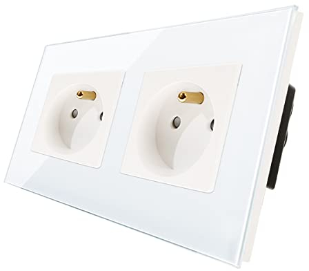CNBINGO Prise Murale Electrique 16A - Prise Encastrable Standard Extra Plate - Double Prises de Courant Alternatif Panneau - Avec Panneau en Verre Trempé Blanc