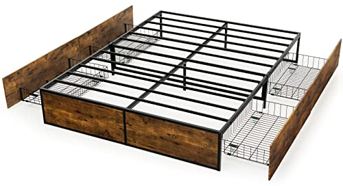 Multigot Wooden Bed Frame, Iron Storage Bed Base with 4 Rolling Drawers & Anti-friction Mute Bar, Double Rustic Roomy Platform Bed for Adults & Teenagers (190 x 135 x 33 cm)