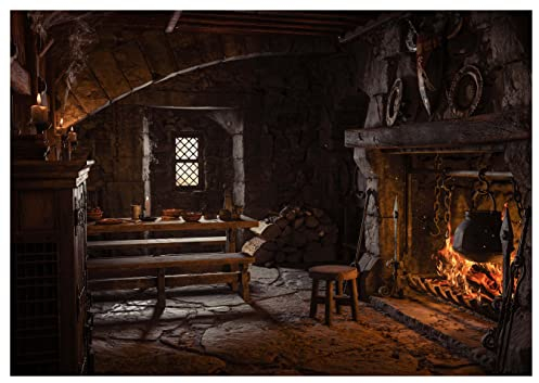 wandmotiv24 Fototapete Mittelalter Raum Kamin Fantasy, XXL 400 x 280 cm - 8 Teile, Wanddeko, Wandbild, Wandtapete, Wikinger Hocker Tisch Bank Kerze M6888