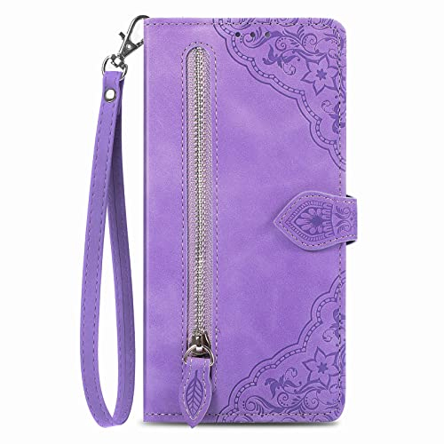 NEXCURIO Zip Wallet Case Compatible with Apple iPhone 12 Mini Phone Case Wallet with Credit Card Holder Strap Stand Women Leather Flip Case Floral Folding Cover Shockproof - Purple