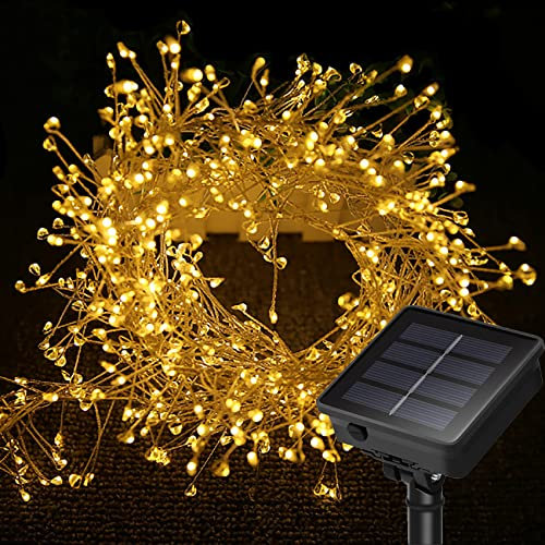 DINOWIN Solar Firecracker Lights 19.68Ft 200 LED Waterproof Cluster Lights 8 Lighting Mode Christmas Fairy Lights Fire Crackers Garland Fairy Light for Garden Wedding Party (Warm White)