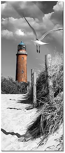 Pixxprint Glasbild Panorama, Wandbild aus Echtglas, Leuchtturm mit Möwe an Strandweg, 100x40 cm, inkl. Aufhängung und Abstandshalter