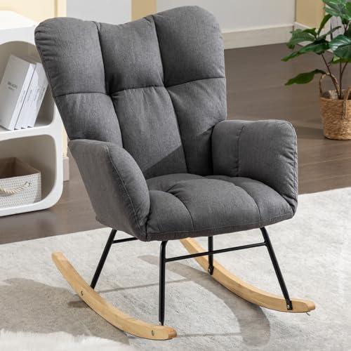 DEKKETO Schaukelstühle Leinen, Gemütlicher Stillsessel, Relaxstuhl Schaukelsessel Holz für Wohnzimmer Schlafzimmer, Bequeme Lesesessel für Kinderzimmer, Gray