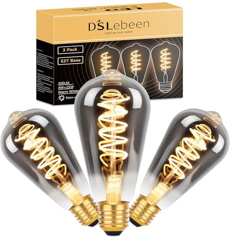 DSLebeen E27 Vintage Light Bulbs: ST64 Edison Screw Bulb 4W 200LM - Decorative Spiral LED Filament, Warm White Lighting 2700K Retro Lamp Non-Dimmable, 25W Equivalent, Smoke Gray Glass, Pack of 3