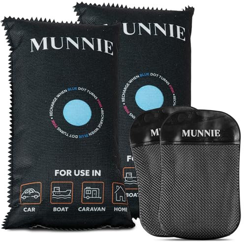 Munnie Set of 2 x 1kg Car Dehumidifier Bag with Anti-Slip Pad - Silica Gel Moisture Absorber with Colour-Changing Indicator - Ideal for Cars, Vans, Home, Campervans - Condensation & Damp Remover