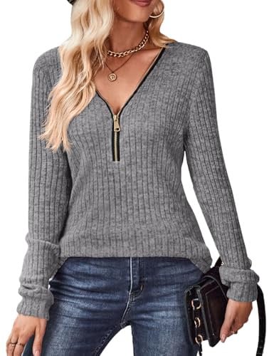 Gemulate Sweater Women Jumper with Large Zip Ladies Nice Sweater Warm Jumper Bright Sweaters Tshirt Womens Long Sleeve v Neck Tops Iron Grey L
