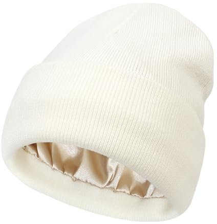 Hcimooy Damen-Mütze mit Satin-Innenfutter für Damen, Strickmütze, Wintermützen für Damen, Mützen für Herren, Schädelmütze mit Bündchen (DE/NL/SE/PL, Alphanumerisch, Einheitsgröße, XL, Beige)