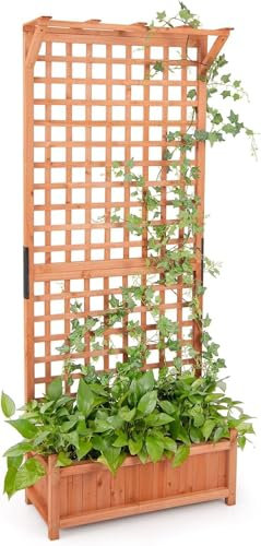 GOPLUS Jardinière avec Treillis 183cm en Bois de Sapin, Trou de Drainage pour Plantes Grimpantes, Fleurs, Bac à Fleurs avec Treillis pour Cour, Jardin, Balcon, 75x33x183cm