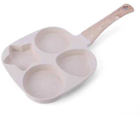 WMFASBAG 4 Hole Omelet Pan Omelette Skillet Granite Coating Fried Egg Pan Wooden Handle Divided Egg Omelet Pan Multi-Function for Gas Stove and Induction Cooker