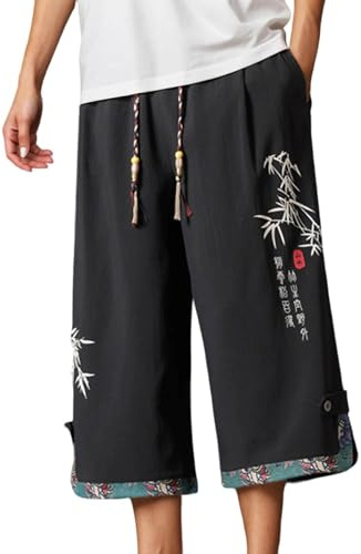 2026 Pantalon Japonais Homme 3/4 Baggy Pantalon Court Taro pour Hommes en Lin Vêtements Asiatiques Kimonos Traditionnels Japonais avec Cordon de Serrage Pantacourt DéContracté Ample Style Japonai