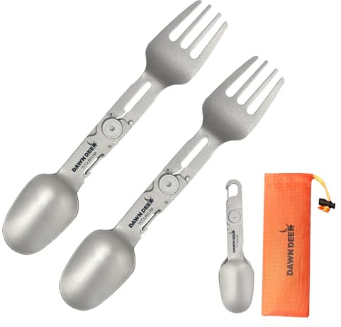 Dawn Deer Titanium Rotating Spork - 2-in-1 Folding Spoon and Fork for Camping, Hiking, Backpacking - Lightweight, Durable Travel Utensil with Compact Design - EDC Survival Gear (Spork * 2)