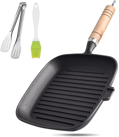 Taekooki Cast Iron Square Griddle Steak Pan 22cm with Tipping Spout | Suitable for Induction Gas and Camping Stoves, Includes Steak Tongs and Basting Brush