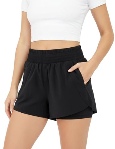 WUDEUI Girls 2 in 1Running Shorts, High Waisted Athletic Gym Active Trousers with Liner Zipped Pockets for Tennis Yoga Dance Sports Black