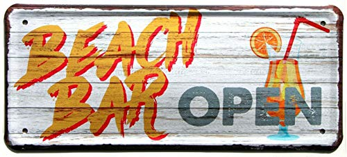 WOGEKA ART Retro Blechschild - Beach Bar Open - witziger Spruch als Geschenk-Idee zum Geburtstag Weihnachten zur Dekoration 28x12 cm Vintage-Design aus Metall 2116