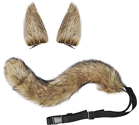 Halloween Cosplay Kostüm Katze Ohren und Schwanz Set, Kunstpelz Tier Katze Fuchs Langen Schwanz Ohren Kit Halloween Tier Thema Party Kostüm Cute Hair Clips Party Requisiten