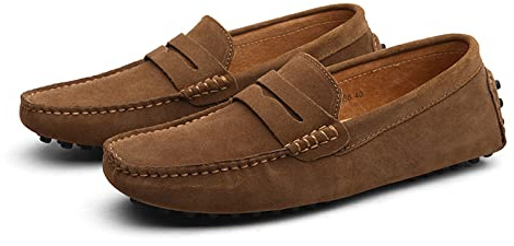 Hommes Chaussons Mocassins, Chaussures Plates pour Hommes en Cuir Suédé, Penny Loafers Décontractés à Enfiler sur Le Pont du Bateau pour Adultes Et Adolescents Unisexes (Brown,43)