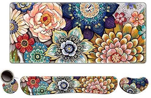 Extended Gaming Mouse Pad, Memory Foam, Ergonomic Keyboard, Mouse, Wrist Rest, Large Desk Mat with Stitched Edges, Game and Office Room, Colorful Floral Pattern
