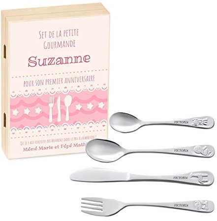 Maverton Set de Couverts De Table Bebe 1 An personnalisé dans boîte en bois imprimée - Couvert Enfant Inox Animal - Cadeau Enfant 1 an anniversaire - Cadeaux bébé - Coutellerie gravée - FOURCHETTE