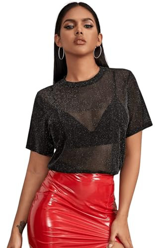 GORGLITTER Mesh Oberteile Damen Durchsichtig Netzoberteil Tops Festival Oberteil Glitzer Top für Outfit Party T-Shirt Schwarz XS