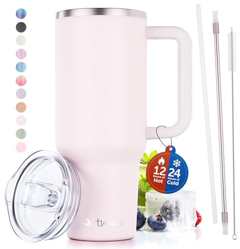 40 oz Tumbler With Handle and Straw Made of Stainless Steel - Double Wall Vacuum Insulated Tumbler With Lid - Sweat Proof Easy Grip, BPA-Free, Dishwasher Safe Tumbler (Rose Quartz)