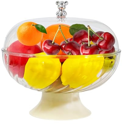 Fopudy Frutero de encimera con tapa para cocina, cuenco decorativo con pedestal para decoración de mesa, soporte para cesta de frutas para frutas, productos, verduras, pan, hogar (transparente)