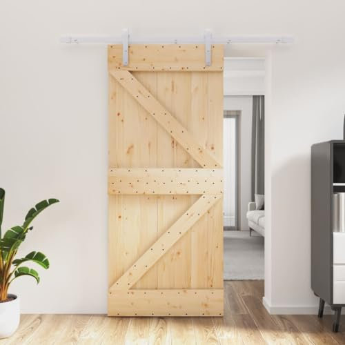 Baziroo Porta scorrevole con guarnizione bianca, 90 x 3,6 x 210 cm, in legno di pino massiccio e acciaio, per soggiorno, per interni