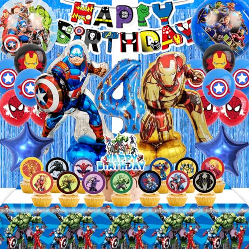 SWOKKTS Marvl Geburtstagsdeko 4 Jahre, Avegers Geburtstag Deko Jungen 4 Jahre, Superheld Geburtstag Kinder Luftballons mit Kuchen Deko, Marvl Deko Ballon Kindergeburtstag (Avegers Party Deko 4 Jahre)