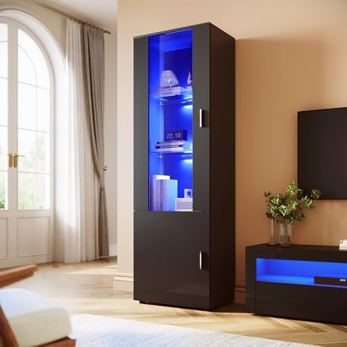 ELEGANT 187cm Tall Display Cabinet Sideboard Cupboard Unit Furniture, Carcass in Clear Acrylic/Front in Black High Gloss, Multicolour LED Lights with Remote, 187x60x40cm-1 (HxWxD)