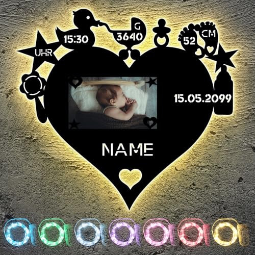 Nachtlicht Herz Mit Bilderrahmen Baby - Geschenke personalisierte Geschenk mit Namen zur Geburt & Taufe Taufandenken für Mädchen & Junge Jungs