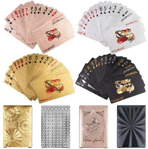 KKONHII 4 barajas de cartas de póquer estándar de plástico con lámina dorada, 4 colores, regalos geniales para adultos, fiestas familiares y juegos (oro, plata, oro rosa, negro)