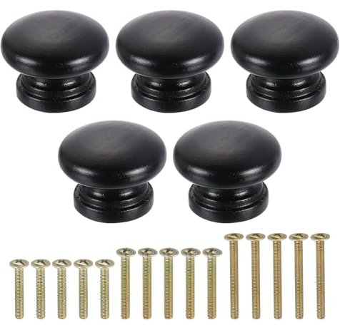 handle5Pcs Round Wood Drawer Knob, 1.3 x 0.98 Round Cabinet Knobs Mushroom Shape Paint Surface Wooden Knobs with Screws for Furniture Drawer Dresser Wardrobe Cupboard, Black