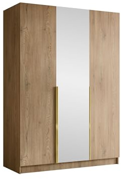Mirjan24 Kleiderschrank Cikzori II mit Spiegel (Eiche Cremona + Gold) | Drehtürenschrank mit Frontspiegel, Kleiderstange, großen Innenfächern und Soft-Close-Scharnieren, B/H/T: 150/215/58 cm
