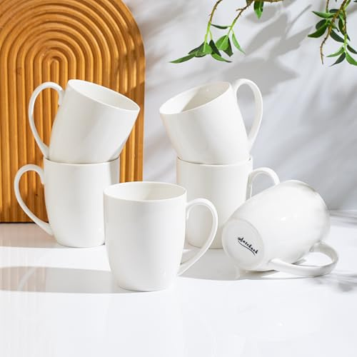 AntoKueh 16OZ White Ceramic Coffee Mugs, 475ml Porcelain Mugs Set of 6 with Large Handle for hot Cocoa, Tea, Milk, Cappuccino, Microwave Safe
