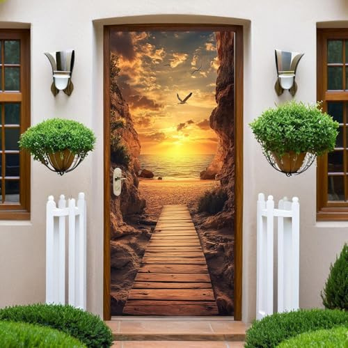Brown Türaufkleber Meer und Holzsteg 100 x 200 cm Türtapete Selbstklebend Vinyl Türfolie Wandtapete Türdeko für Wohnzimmer Schlafzimmer Küche Bad