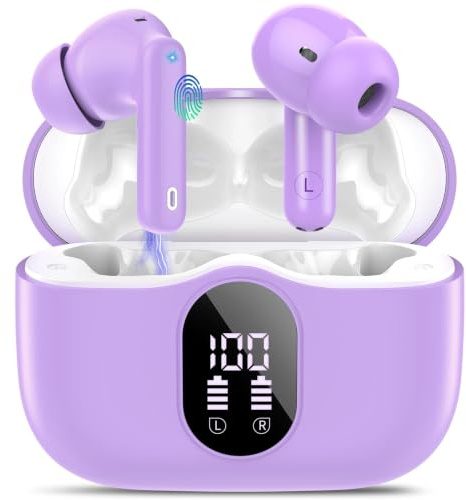 Btootos Bluetooth Kopfhörer, Kopfhörer Kabellos Bluetooth 5.4 mit App Sport In Ear Kopfhörer, Wireless Earbuds 40 Std Spielzeit, LED Ladecase, ENC Mic, Tiefer Bass Ohrhörer für IOS/Android (Lavendel)