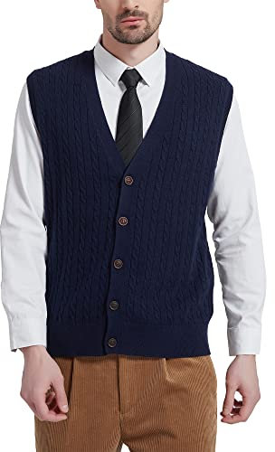Kallspin Men’s Wool Blend Sweater Vest Cable-Knit Button Front Sleeveless Cardigan Smart Casual Jumper Knitwear(Navy Blue, M)