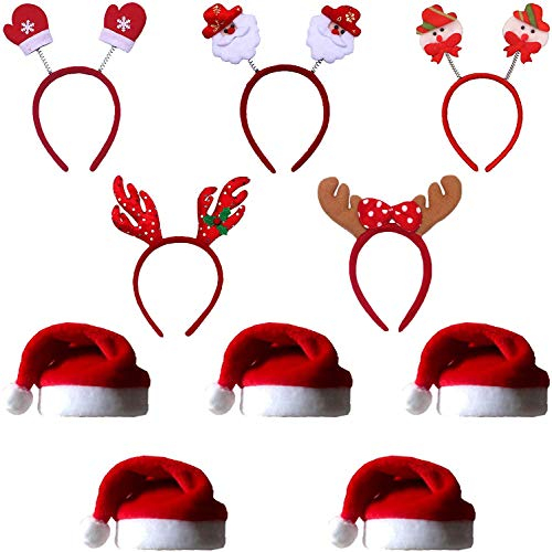 COSORO 5 Stück Unisex Weihnachtsmann Hüte 40 x 30 cm Weihnachtsmütze und 5 Stück Weihnachts Kopf Boppers Xmas Stirnbänder Weihnachten Santa Party Festliche Familie Hüte Geschenk für Erwachsene/Kinder