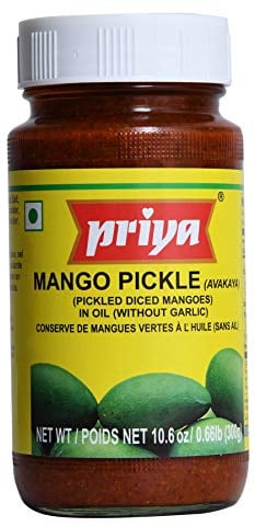 Priya Mango Pickle Avakaya | Traditional Indian Pickle | Great Flavour | Tasty with Poppadums, Chapathi and Dhal | Spicy & Sour | Vegan | 300g Jar