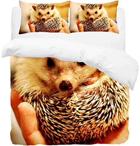 Bettwäscheset mit süßem Igel-Motiv, für Einzelbett, weicher Mikrofaser-Bettbezug mit Kissenbezügen, Bettwäscheset