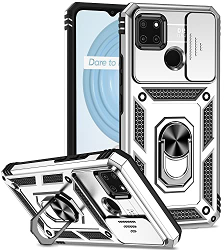 XINYEXIN Funda para Realme C21Y / Realme C25Y, Funda Cubierta de cámara Deslizante con Magnético Anillo Soporte, Militar PC + TPU Bumper Antigolpes Carcasa Rugged Caso - Silver