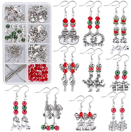 SUNNYCLUE 1 Box DIY 10 Pairs Christmas Charms Snowman Charms Earring Making kit Candy Cane for jewellery Making Reindeer Wreath Gift Box Jingle Bell Christmas Tree Pendants Instruction