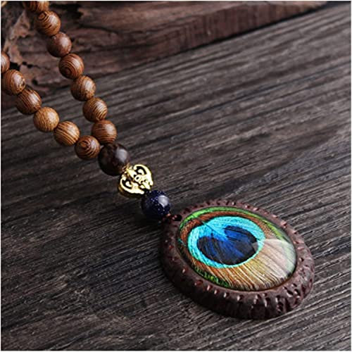 HXSCOO Ethnische Pfauenfeder-Halskette, Nepal-Schmuck handgefertigte Sandelholz-Lange Pullover-Weinlese-Schmuck-Halskette (Size : Style2)