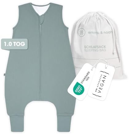 emma & noah Baby Schlafsack mit Füßen 1.0 TOG, Ganzjahres Schlafsack mit Beinen für den Frühling, Sommer und Herbst, 100% Bio-Baumwolle, Oeko-TEX Zertifiziert (Essential Mint, 90 cm)
